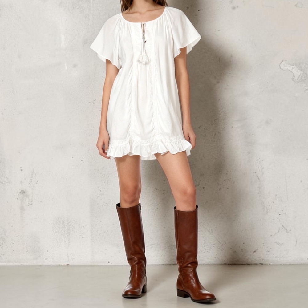 Esther & Co. Mini‎ A-Line Dress Boho Cottagecore Flutter Sleeve Ruffle Cotton